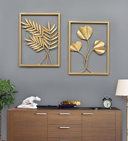 Metal Wall Art Decor, 2 Pieces, Gold Leaf, for Living Room, Bedroom, Dining Room, Kitchen, Bathroom, Outdoor