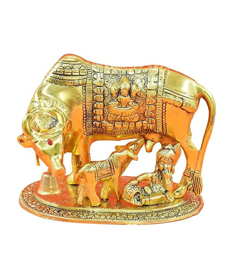 Metal Kamdhenu Cow with Calf and Krishna Figurine Decorative Showpiece