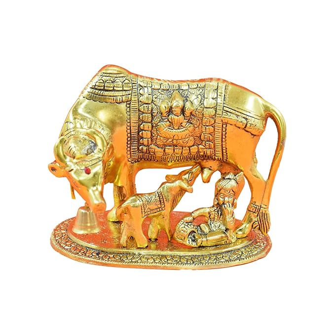 Metal Kamdhenu Cow with Calf and Krishna Figurine Decorative Showpiece