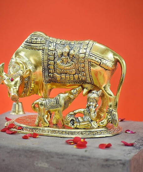 Metal Kamdhenu Cow with Calf and Krishna Figurine Decorative Showpiece