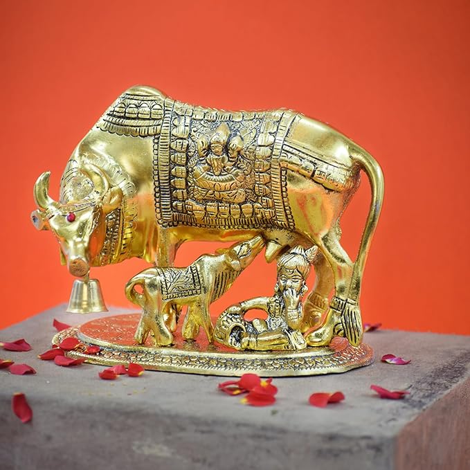 Metal Kamdhenu Cow with Calf and Krishna Figurine Decorative Showpiece