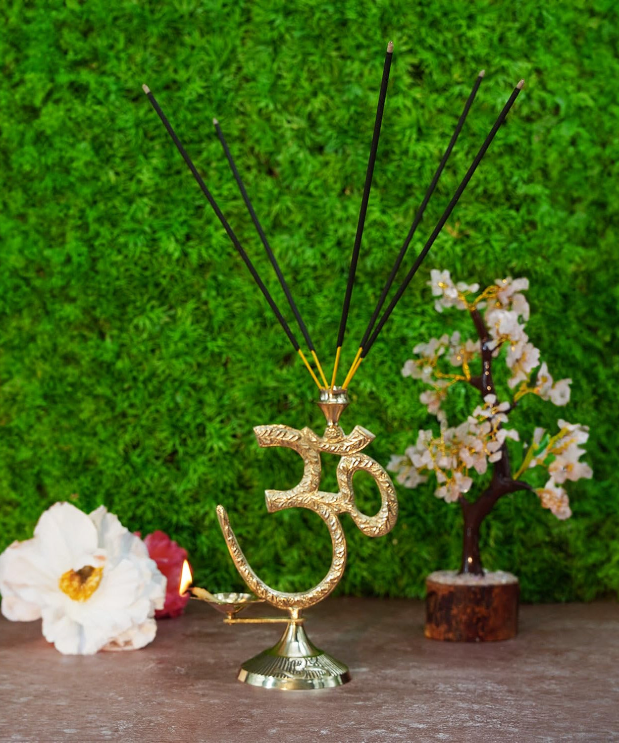 Om Symbol with Brass Diya Oil Lamp and Incense Holder,Table top Brass Diya with Agarbatti Stand. ( 17 Cm Height).