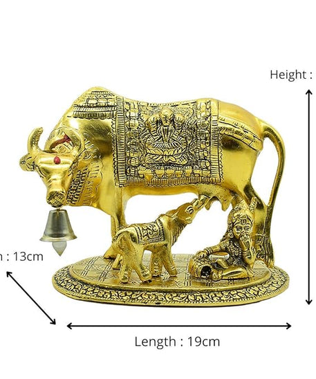 Metal Kamdhenu Cow with Calf and Krishna Figurine Decorative Showpiece