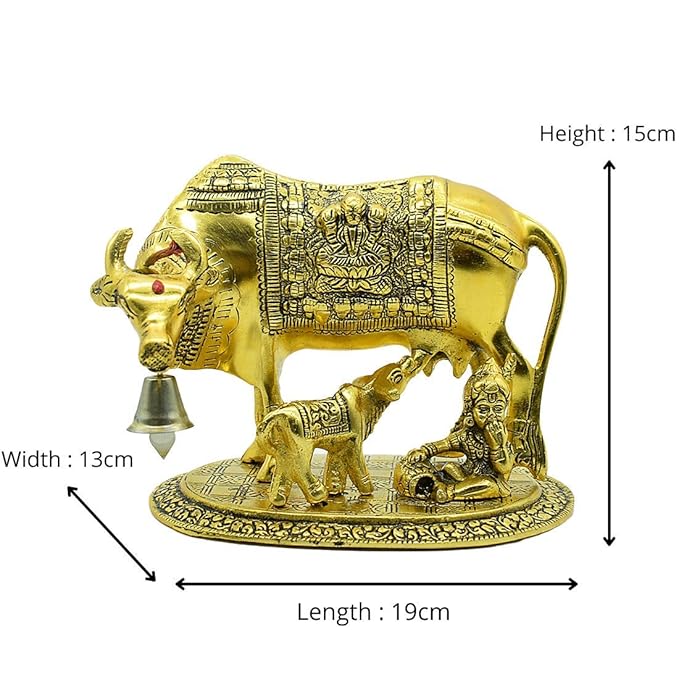 Metal Kamdhenu Cow with Calf and Krishna Figurine Decorative Showpiece