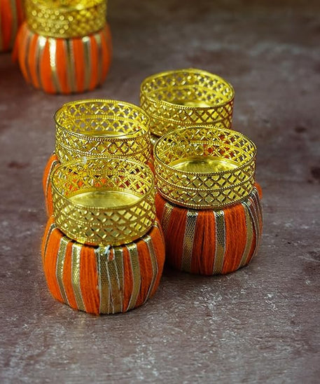Handcrafted Multi Colour Damroo Shape Holding Tea Light Holder for Diwali and/Home Decor (Set of 9 with Tealight Candles)
