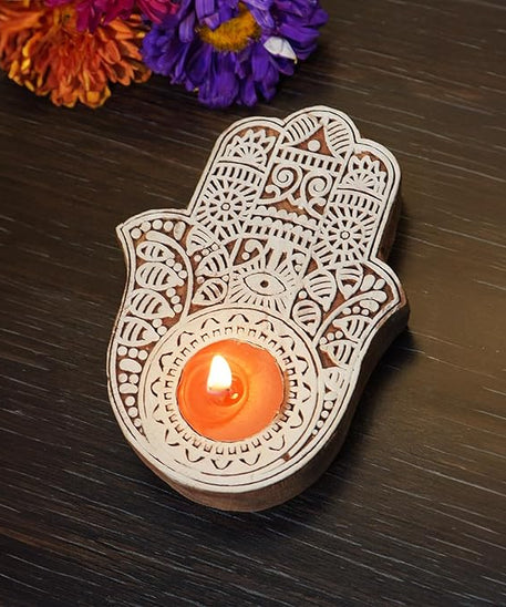 Wooden Block Hamsa Tea Light Candle Holders