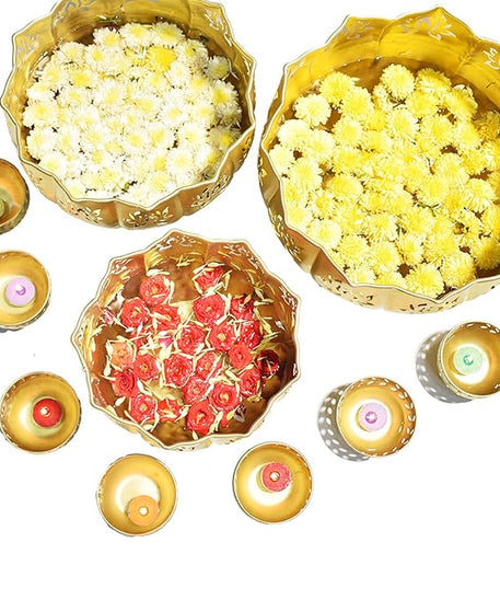 Urli with Stand Pot for Floating Flower/Candle Festival Decoration Urli Bowl Diwali - Urli Bowl for Home Decoration Iron Lotus (Set of 3).