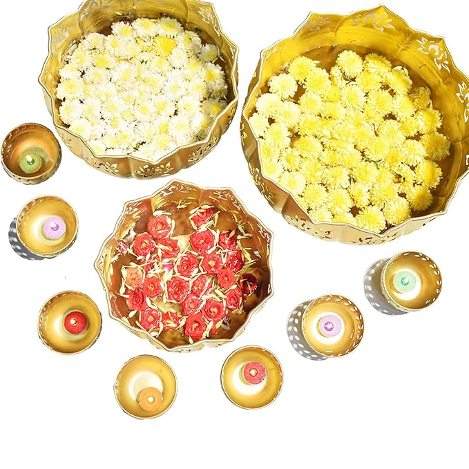 Urli with Stand Pot for Floating Flower/Candle Festival Decoration Urli Bowl Diwali - Urli Bowl for Home Decoration Iron Lotus (Set of 3).