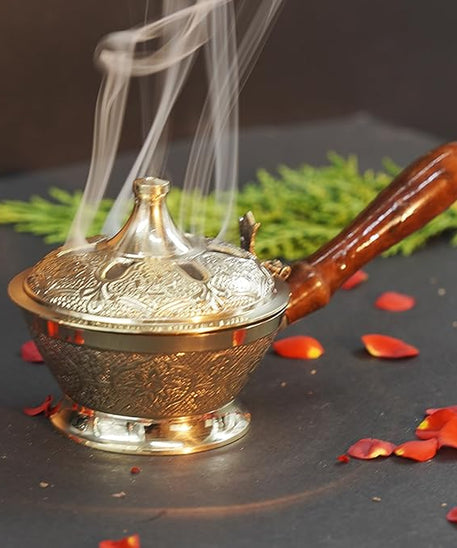 Aarti Sambrani Stand &amp; Loban Dhoop Burner Brass with Wooden Holder.