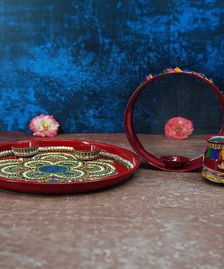 Karwa Chauth Pooja thali/Kalash, Chalni for Chand Pooja , Kalash, Diya, and Bowls | Trafitional Pooja Thali.