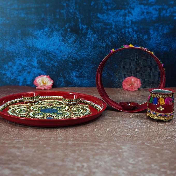 Karwa Chauth Pooja thali/Kalash, Chalni for Chand Pooja , Kalash, Diya, and Bowls | Trafitional Pooja Thali.