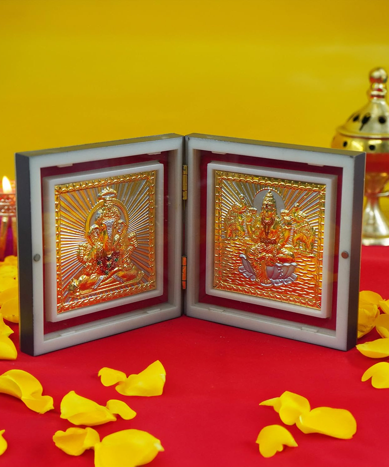 Lakshmi and Ganesh Photo Frame with Shubh Labh Charan Paduka for Pooja Room, Return Pooja Gift Box Set
