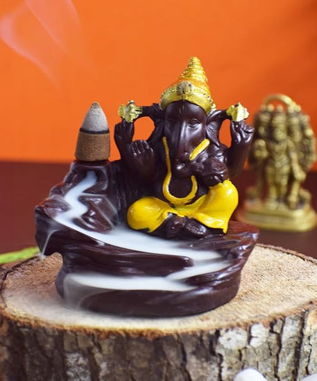Decorative Ganesha Smoke Fountain Backflow Cone Incense Holder with Free 10 Back Flow Incense Cones (10.5 Cm X 8.2 Cm X 10.5 Cm). (Yellow)