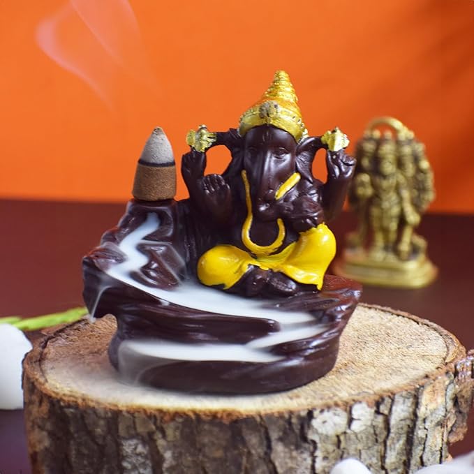 Decorative Ganesha Smoke Fountain Backflow Cone Incense Holder with Free 10 Back Flow Incense Cones (10.5 Cm X 8.2 Cm X 10.5 Cm). (Yellow)