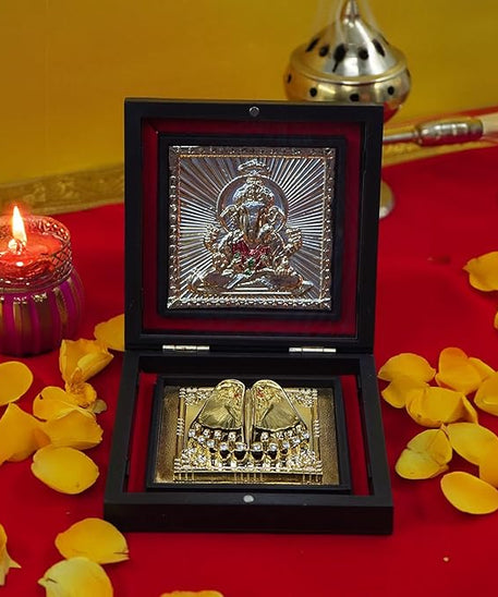 Ganesh Paduka Photo Frame with Shubh Labh Charan Paduka for Pooja Room, Return Pooja Gift Box Set