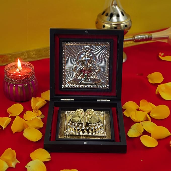 Ganesh Paduka Photo Frame with Shubh Labh Charan Paduka for Pooja Room, Return Pooja Gift Box Set