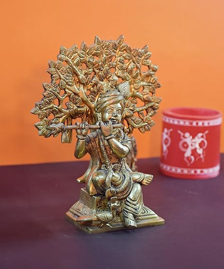 Lord Krishna Sitting Under a Tree with Peacock Brass Statue