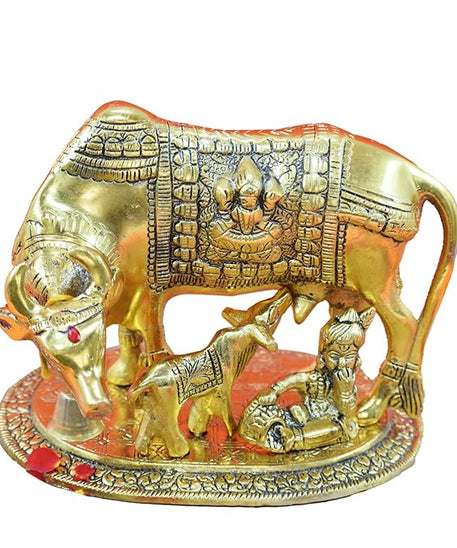 Metal Kamdhenu Cow with Calf and Krishna Figurine Decorative Showpiece