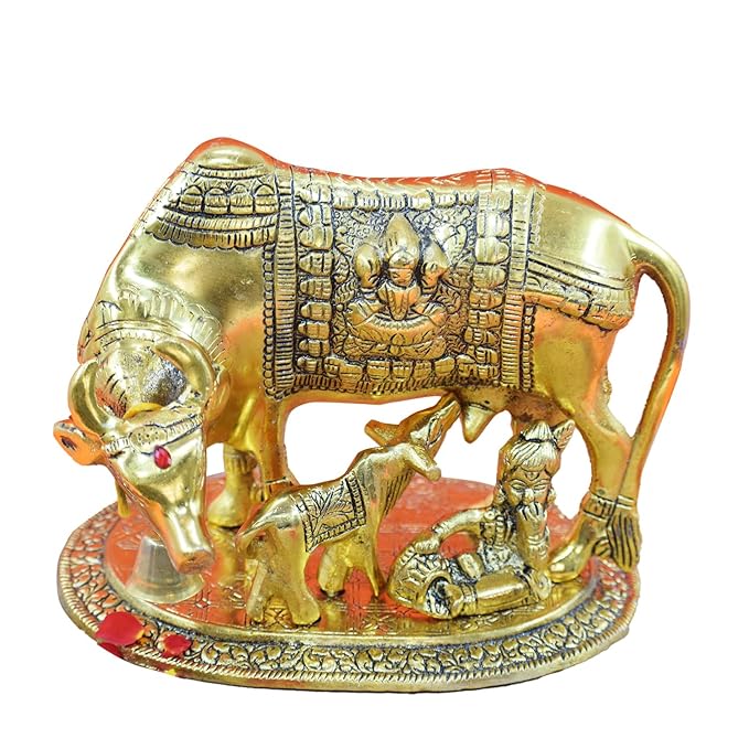 Metal Kamdhenu Cow with Calf and Krishna Figurine Decorative Showpiece