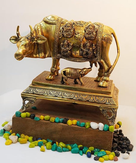 Brass Golden Kamdhenu Cow with Calf - Spiritual Vastu Nandi Puja Figurine Sculpture.