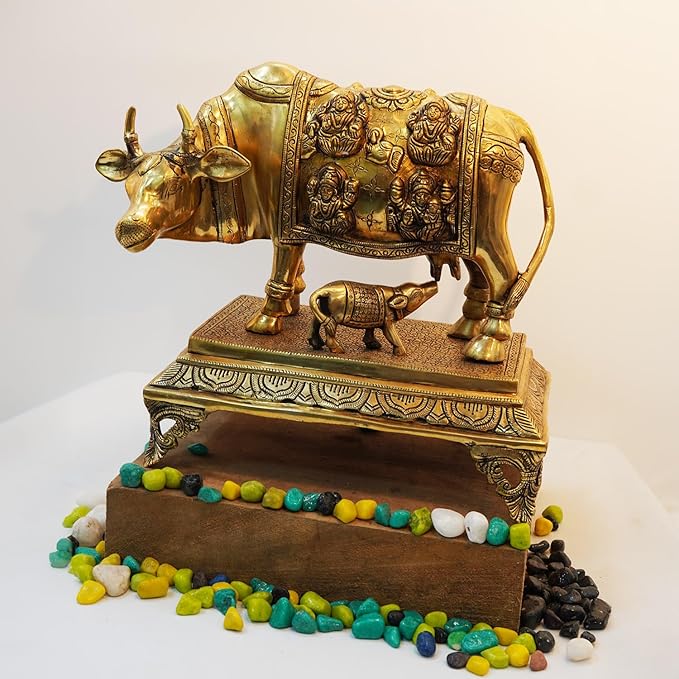 Brass Golden Kamdhenu Cow with Calf - Spiritual Vastu Nandi Puja Figurine Sculpture.