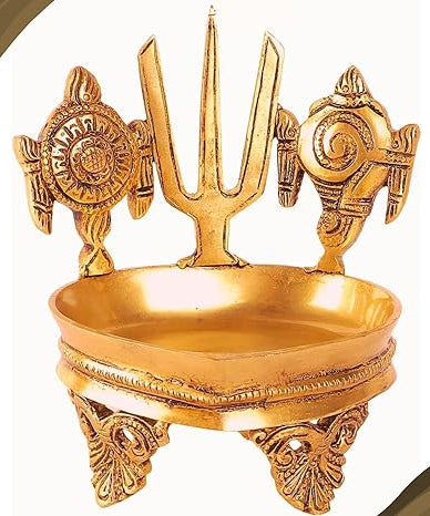 Shankh Chakra Namah Brass Diya for Pooja Room Length 10 Cms, Width: 10 Cms, Height: 13 Cms
