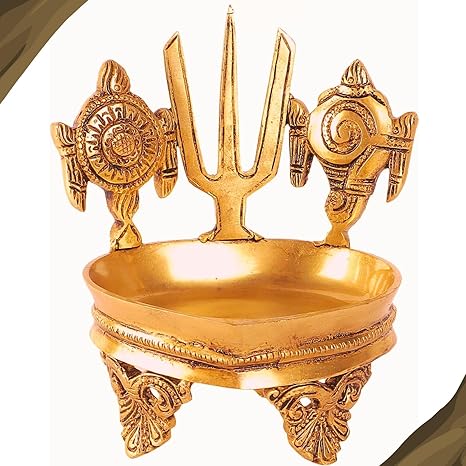 Shankh Chakra Namah Brass Diya for Pooja Room Length 10 Cms, Width: 10 Cms, Height: 13 Cms