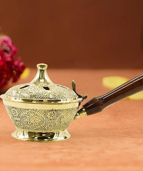 Aarti Sambrani Stand &amp; Loban Dhoop Burner Brass with Wooden Holder.