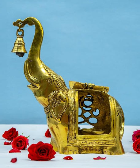Brass Elephant Lamp with Small Diya,Dhoopdani Elephant Holder with Bell (10.5 Inch height )