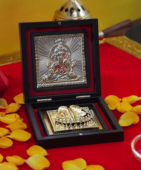 Ganesh Paduka Photo Frame with Shubh Labh Charan Paduka for Pooja Room, Return Pooja Gift Box Set