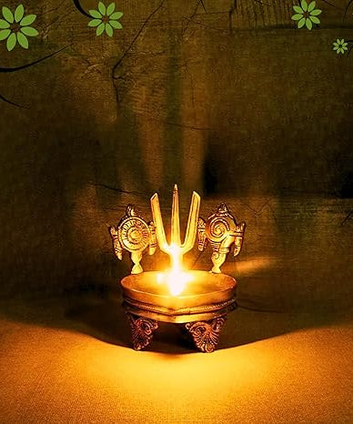 Shankh Chakra Namah Brass Diya for Pooja Room Length 10 Cms, Width: 10 Cms, Height: 13 Cms