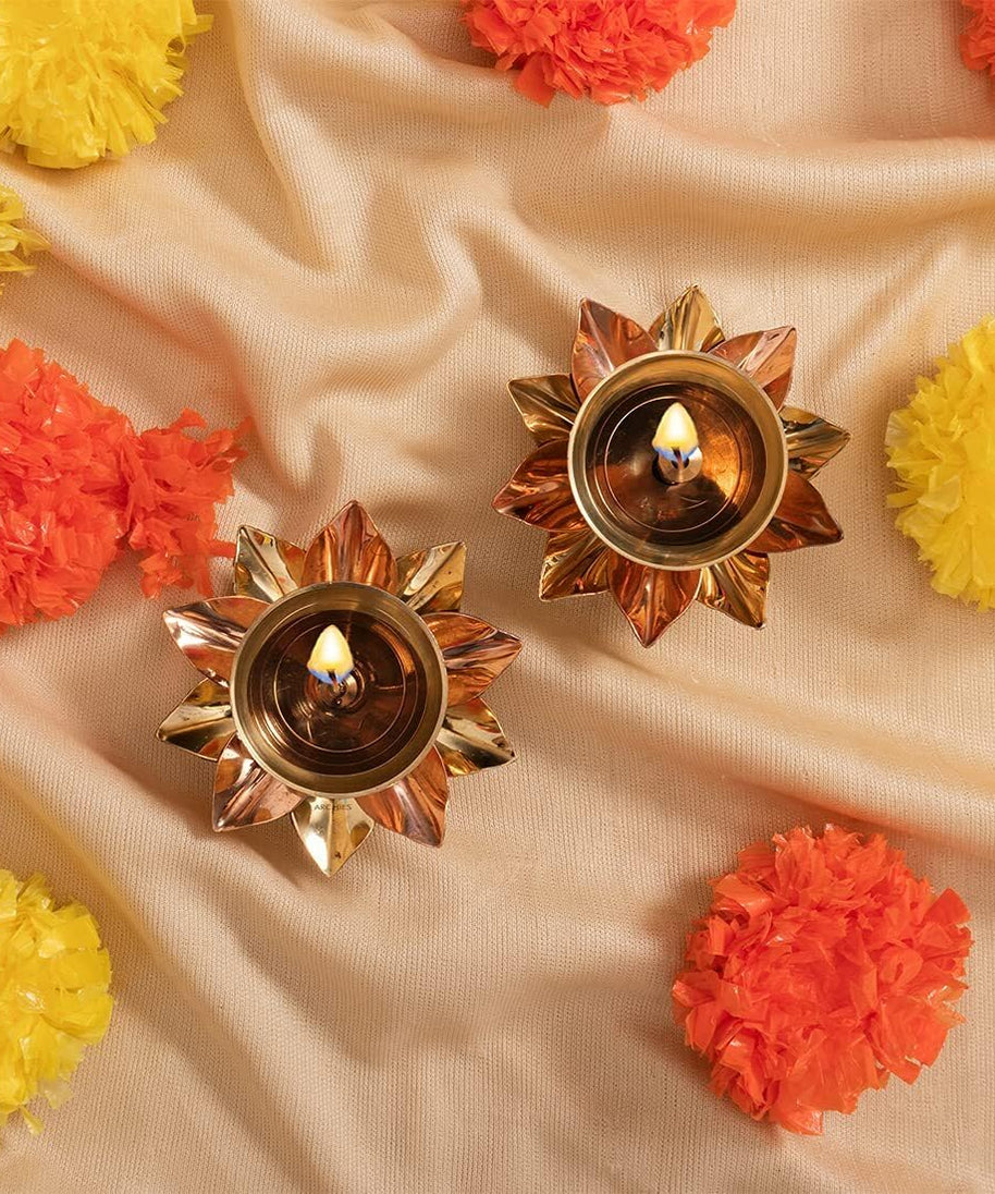 Brass Kamal Patti Akhand Diya for Puja Set of 2 pcs
