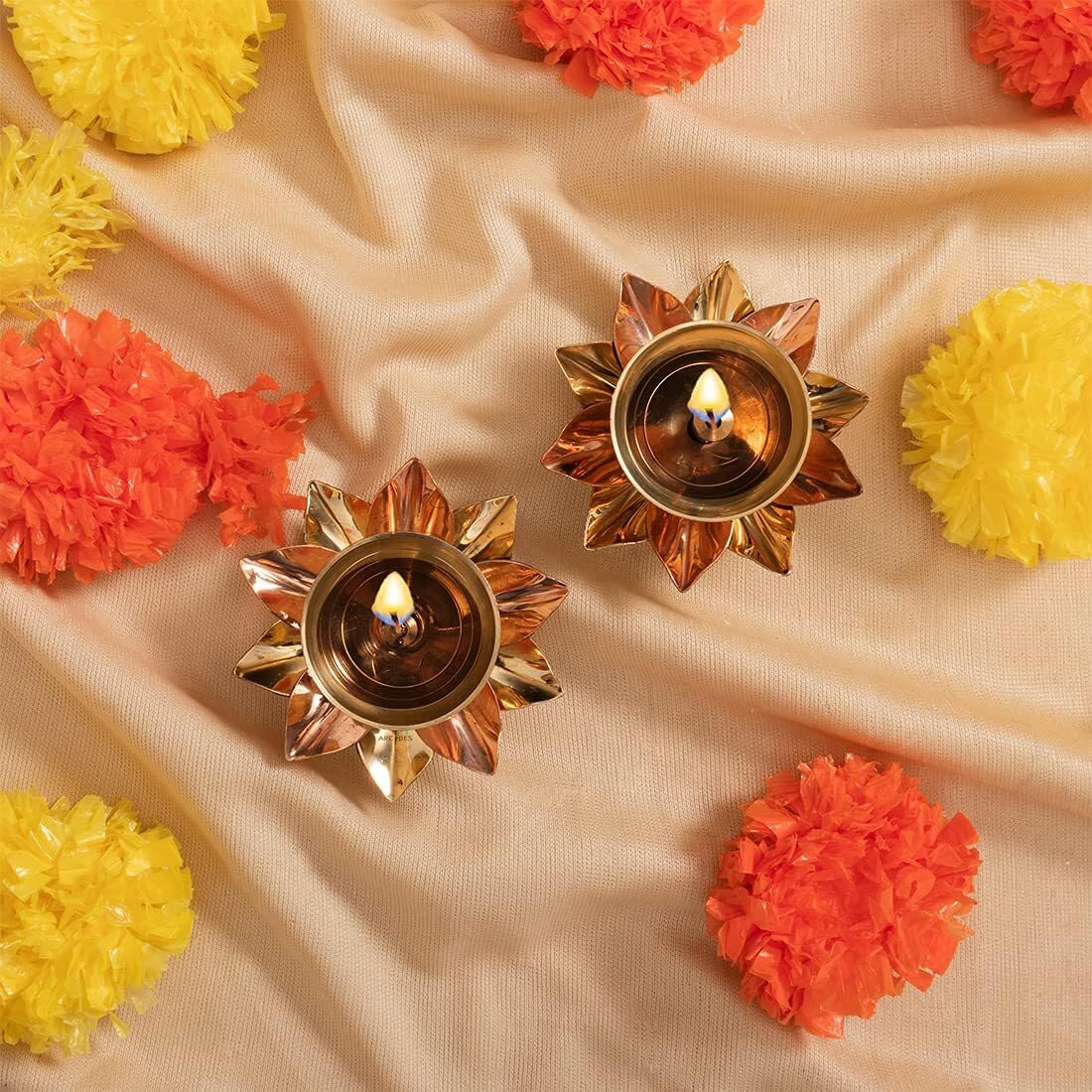 Brass Kamal Patti Akhand Diya for Puja Set of 2 pcs