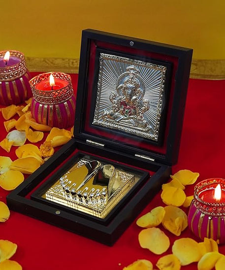 Ganesh Paduka Photo Frame with Shubh Labh Charan Paduka for Pooja Room, Return Pooja Gift Box Set