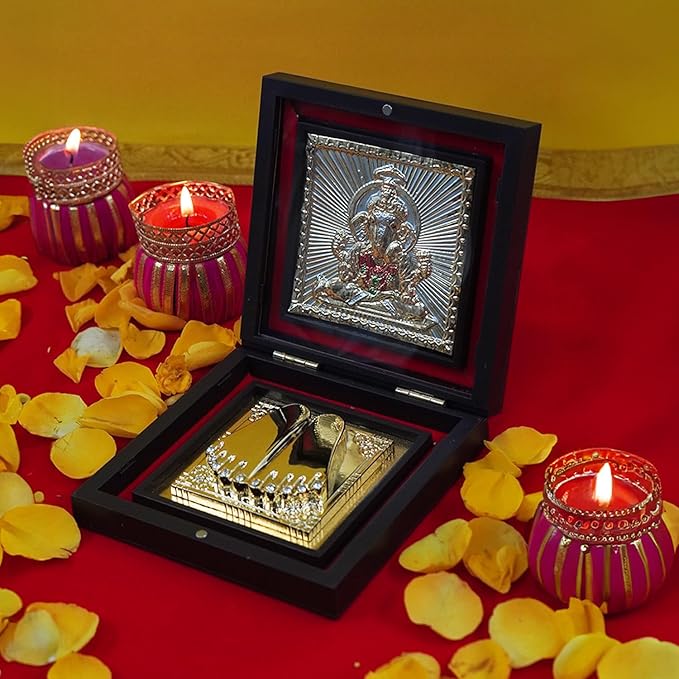 Ganesh Paduka Photo Frame with Shubh Labh Charan Paduka for Pooja Room, Return Pooja Gift Box Set