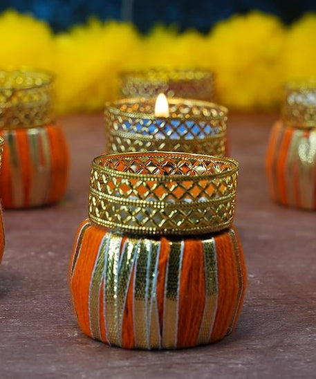 Handcrafted Multi Colour Damroo Shape Holding Tea Light Holder for Diwali and/Home Decor (Set of 9 with Tealight Candles)
