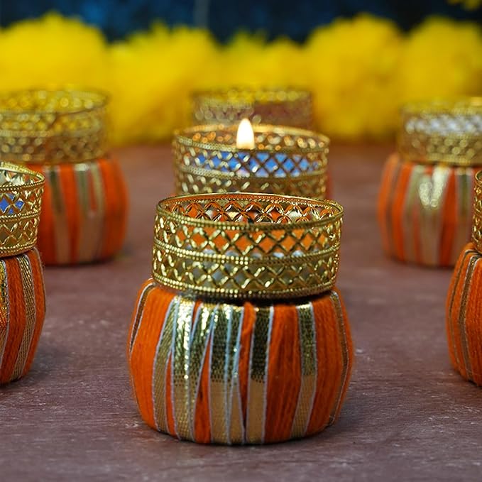 Handcrafted Multi Colour Damroo Shape Holding Tea Light Holder for Diwali and/Home Decor (Set of 9 with Tealight Candles)