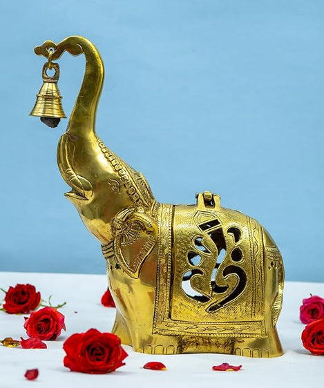 Brass Elephant Lamp with Small Diya,Dhoopdani Elephant Holder with Bell (10.5 Inch height )