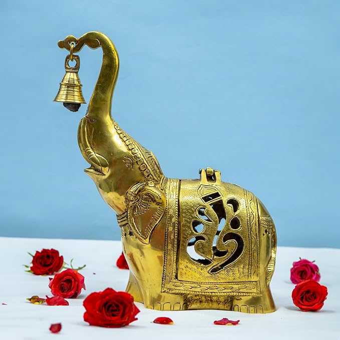 Brass Elephant Lamp with Small Diya,Dhoopdani Elephant Holder with Bell (10.5 Inch height )
