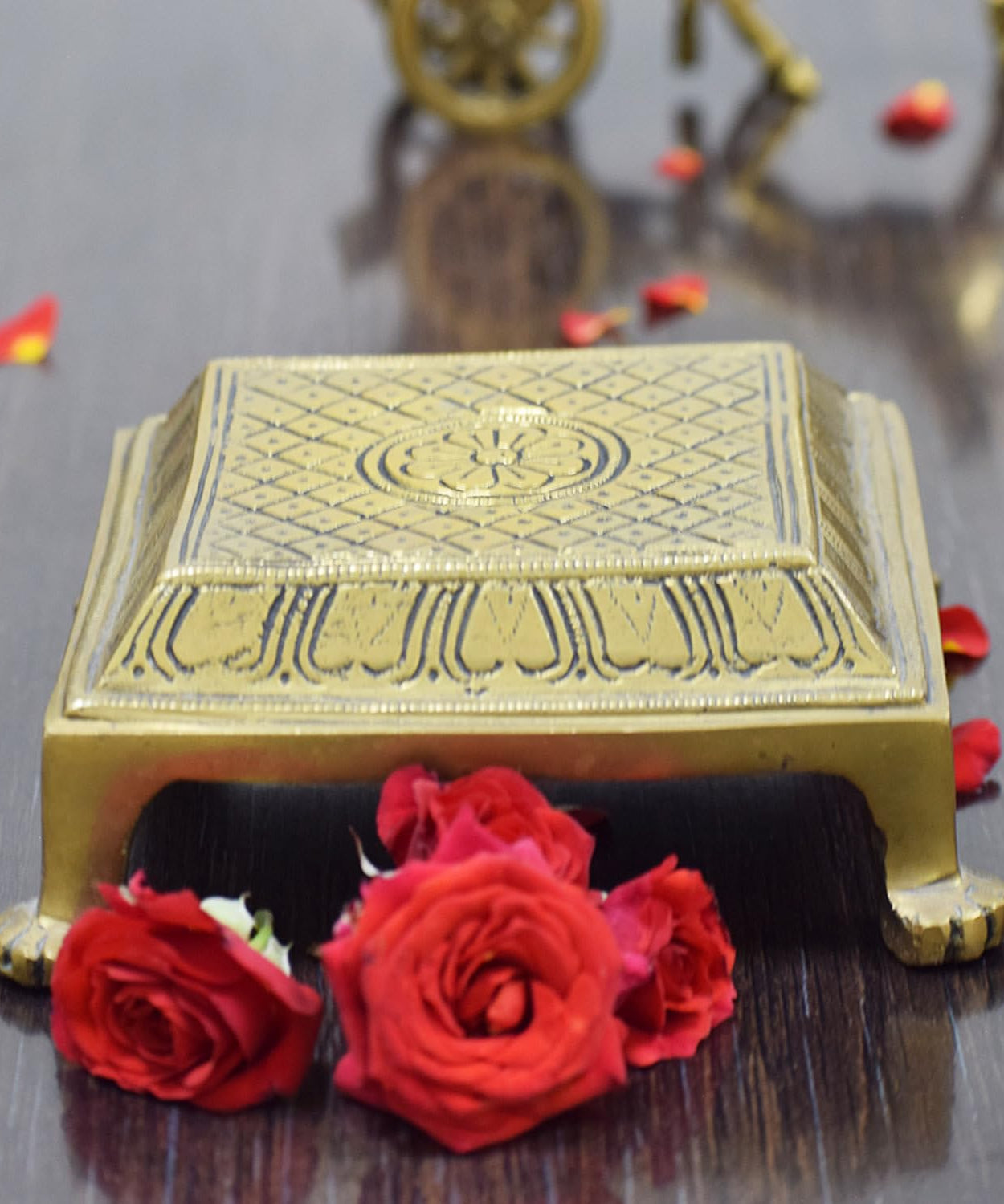 pujaNpujari Brass Square Pooja Chowki with Lotus Design