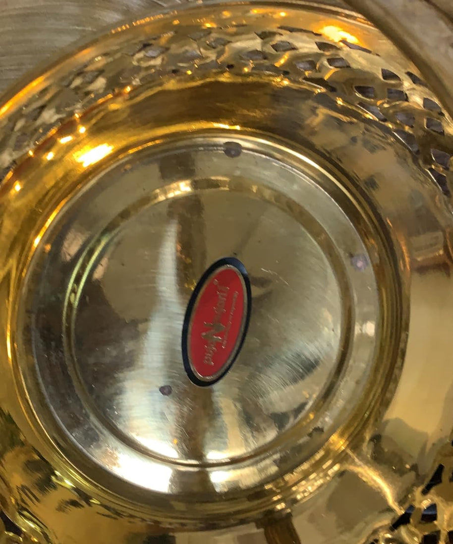 Traditional Brass Round Shape Puja Flower Basket, Temple Basket (Gold, Diameter 8 Inch)