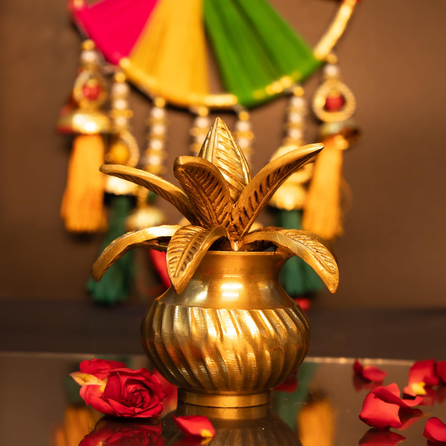 Brass Kalash with Coconut,Mango Leaves, mangal Kalasha Nariyal and Leafs