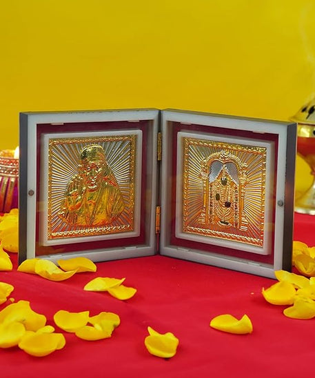 SaiBaba Tirupati Balaji Photo Frame with Shubh Labh Charan Paduka for Pooja Room, Return Pooja Gift Box Set