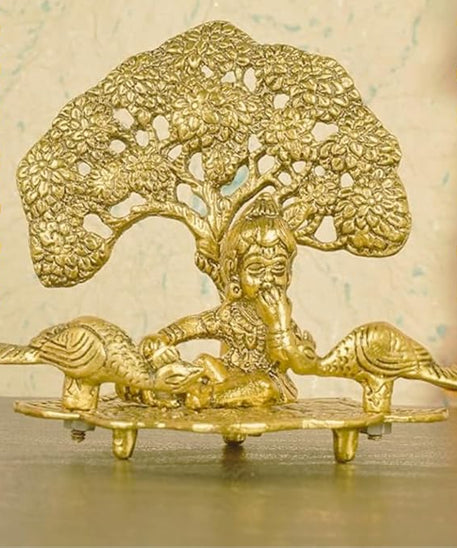 Metal Krishna Antique Golden Sitting Under Tree