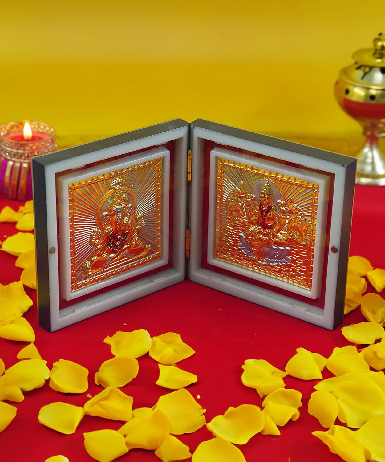 Lakshmi and Ganesh Photo Frame with Shubh Labh Charan Paduka for Pooja Room, Return Pooja Gift Box Set