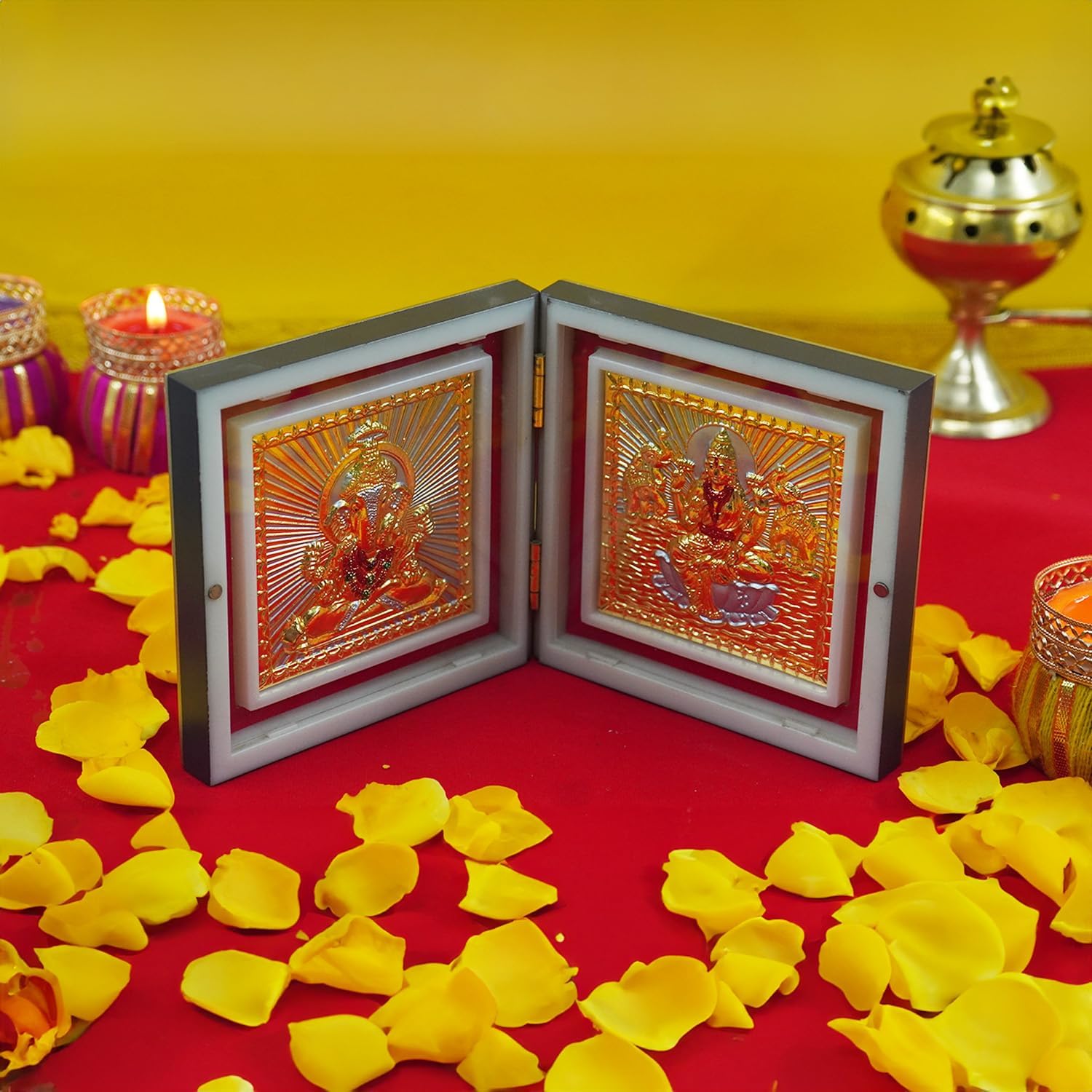 Lakshmi and Ganesh Photo Frame with Shubh Labh Charan Paduka for Pooja Room, Return Pooja Gift Box Set