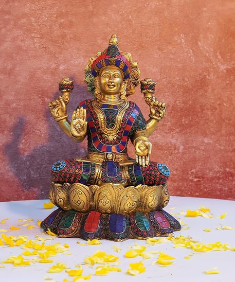 Lord Lakshmi Ganesh Brass Idol with Stone Work -Lord Lakshmi Ganesha Sitting On Lotus Flowers Idol Multicolour (13 Inch).