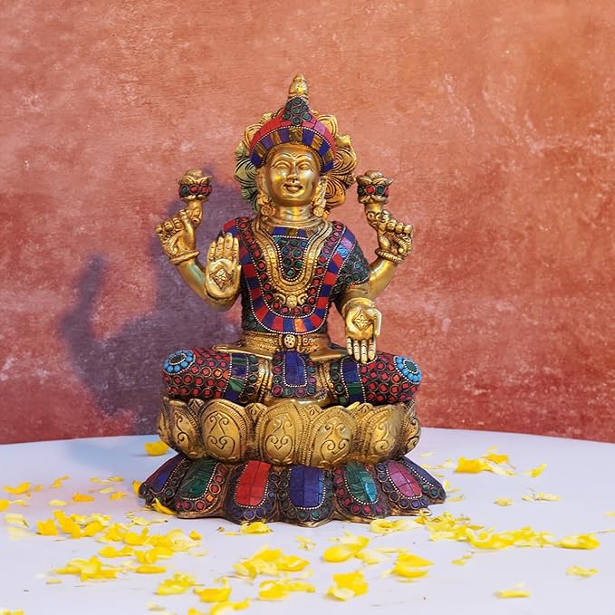 Lord Lakshmi Ganesh Brass Idol with Stone Work -Lord Lakshmi Ganesha Sitting On Lotus Flowers Idol Multicolour (13 Inch).