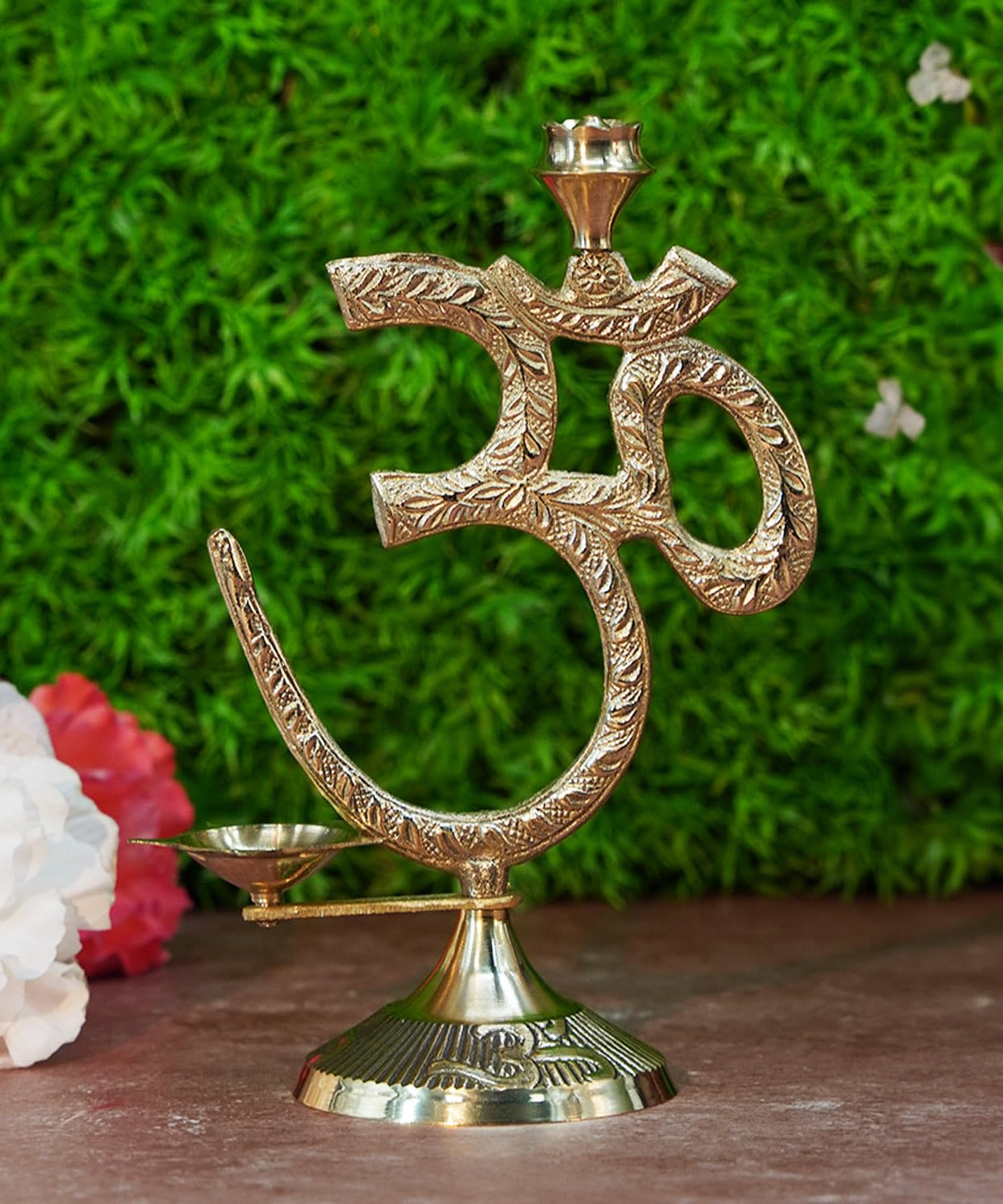 Om Symbol with Brass Diya Oil Lamp and Incense Holder,Table top Brass Diya with Agarbatti Stand. ( 17 Cm Height).