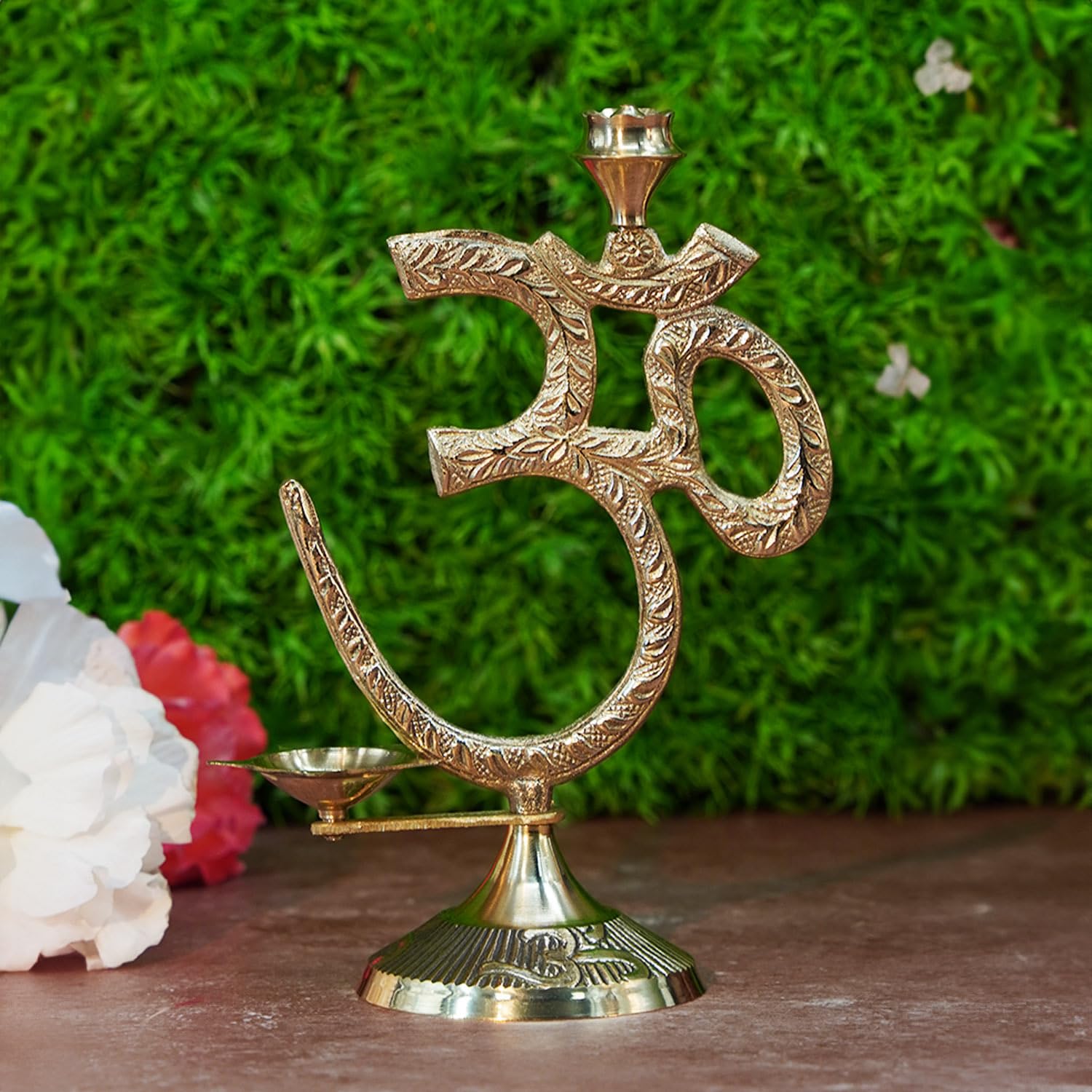 Om Symbol with Brass Diya Oil Lamp and Incense Holder,Table top Brass Diya with Agarbatti Stand. ( 17 Cm Height).